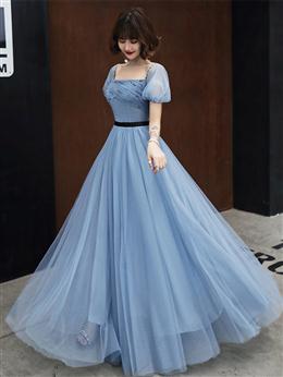 Picture of Blue Tulle Short Sleeves Long Party Dresses, A-line Blue Prom Formal Dresses